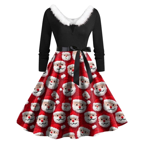 felwors Women's Christmas Santa Rainbow Print Swing Dress - Faux Fur Collar, Long Sleeve Holiday Party Dress Red, M