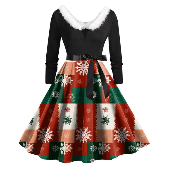 felwors Women's Christmas Snowflake Plaid Print Swing Dress - Faux Fur Collar & Belted Waist Long Sleeve Holiday Dress AG, S