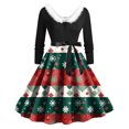 thumbnail image 1 of felwors Women's Christmas Snowflake Plaid Print Swing Dress - Faux Fur Collar & Belted Waist Long Sleeve Holiday Dress Dark Green, L, 1 of 6
