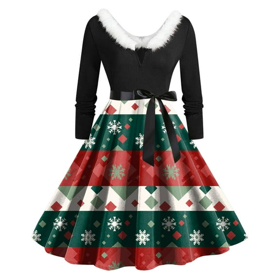 felwors Women's Christmas Snowflake Plaid Print Swing Dress - Faux Fur Collar & Belted Waist Long Sleeve Holiday Dress Dark Green, S