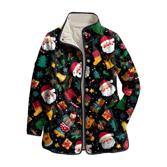 felwors Women's Christmas Snowflake Print Quilted Jacket - Snap Button Front Fall Winter Coat Black, M