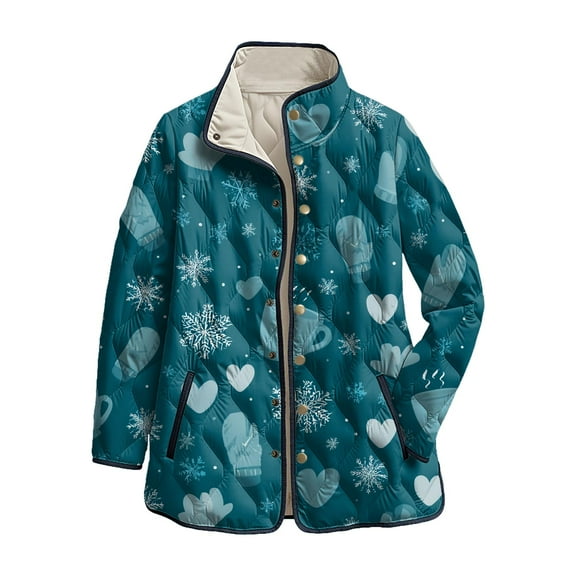 felwors Women's Christmas Snowflake Print Quilted Jacket - Snap Button Front Fall Winter Coat Navy, L