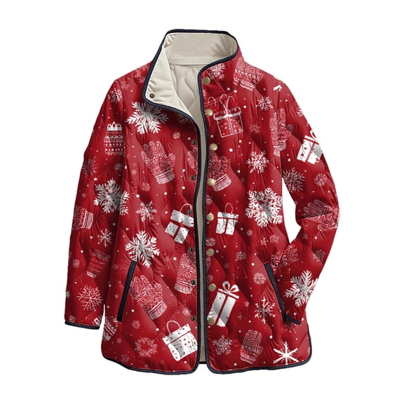 felwors Women's Christmas Snowflake Print Quilted Jacket - Snap Button Front Fall Winter Coat Watermelon Red, L