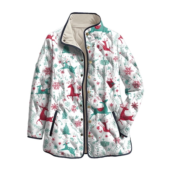 felwors Women's Christmas Snowflake Print Quilted Jacket - Snap Button Front Fall Winter Coat White, XXXXL
