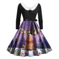 thumbnail image 1 of felwors Women's Christmas Snowman & Winter Scene Print Swing Dress - Faux Fur Collar, Belted Waist Long Sleeve Festive Dress Purple, S, 1 of 6