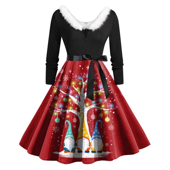 felwors Women's Christmas Snowman & Winter Scene Print Swing Dress - Faux Fur Collar, Belted Waist Long Sleeve Festive Dress Red, XL