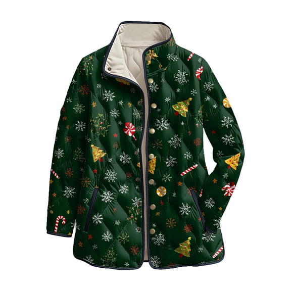 felwors Women's Christmas Stocking Candy Cane Print Quilted Coat, Stand CollarLightweight Fall Winter Holiday Outerwear Dark Green, L