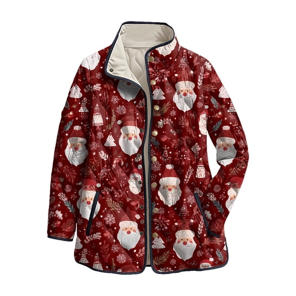 felwors Women's Christmas Stocking Candy Cane Print Quilted Coat, Stand CollarLightweight Fall Winter Holiday Outerwear Wine, XXXL
