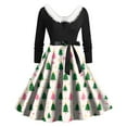 thumbnail image 1 of felwors Women's Christmas Tree Print Swing Dress - Faux Fur Collar, Belted Waist Long Sleeve Festive Party Dress Beige, XL, 1 of 6