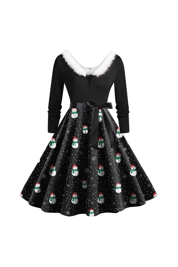 Women's Christmas Tree Print Swing Dress - Faux Fur Collar, Belted Waist Long Sleeve Festive Party Dress Black, L
