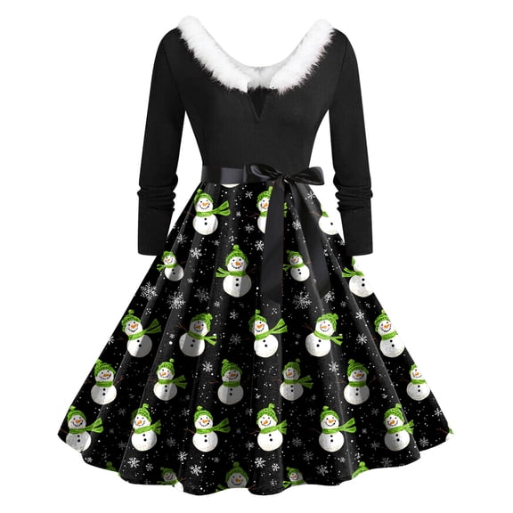 felwors Women's Christmas Tree Print Swing Dress - Faux Fur Collar, Belted Waist Long Sleeve Festive Party Dress Dark Green, S