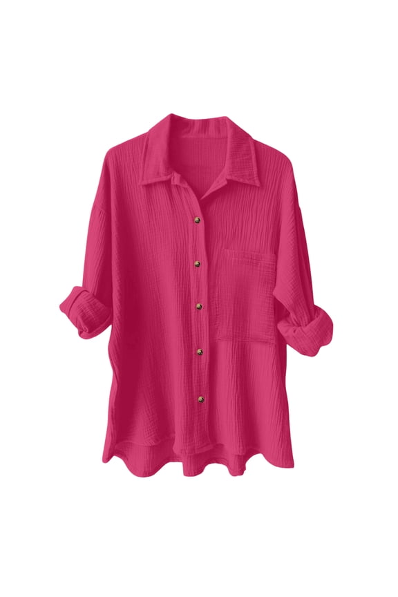 Women's Collared Button Down Shirt - Relaxed Fit Crinkle Gauze Blouse with Chest Pocket and Roll-Tab Sleeves Hot Pink, XXL