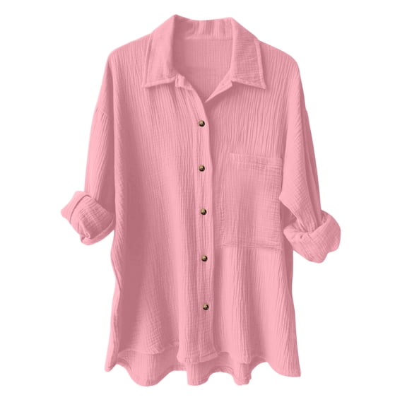 felwors Women's Collared Button Down Shirt - Relaxed Fit Crinkle Gauze Blouse with Chest Pocket and Roll-Tab Sleeves Pink, L