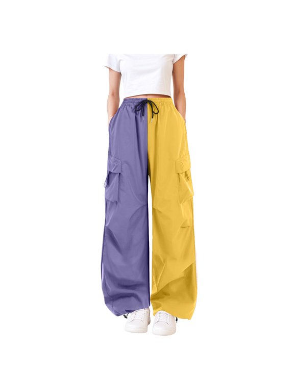 Women's Color Block Cargo Pants - High Waisted Wide Leg Casual Trousers with Pockets Purple, S
