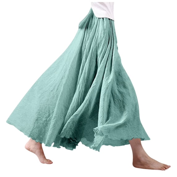 felwors Women's Cotton Linen Maxi Skirt - Flowy Boho Long Skirt with Ruffled Hem for Casual, Beach, Summer (Light Green, L)