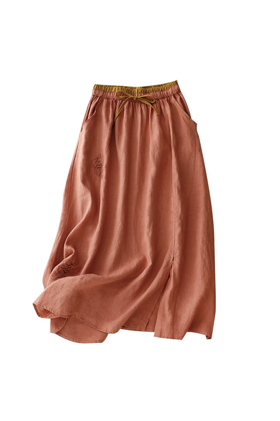 Women's Cotton Linen Midi Skirt with Pockets - Elastic Waist Drawstring Boho Skirt for Casual, Summer, Beach (Pink, XL)