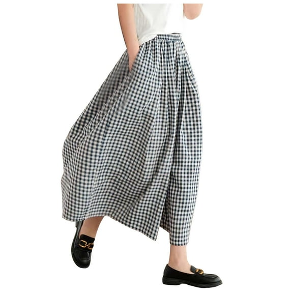 felwors Women's Cotton Linen Pants Elastic Waist Plaid Gingham Wide Leg Capri Palazzo Pants Dark Gray, S