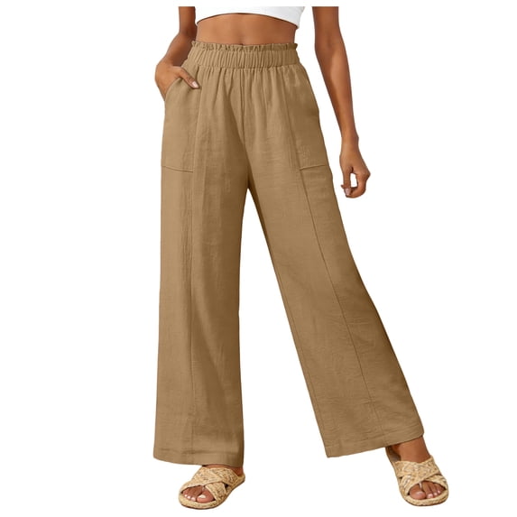 felwors Women's Cotton Linen Pants,Summer Wide Leg Casual Elastic Drawstring High Waist Palazzo Pants with Pockets (Brown, L)