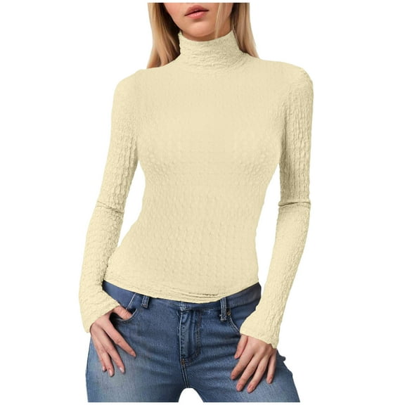 felwors Women's Cream Textured Long Sleeve Turtleneck Top - Fitted Casual Basic Shirt for Daily & Office Wear Beige, XL