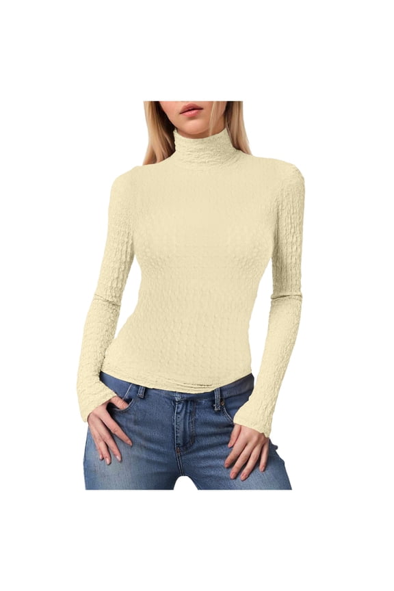Women's Cream Textured Long Sleeve Turtleneck Top - Fitted Casual Basic Shirt for Daily & Office Wear Beige, XL