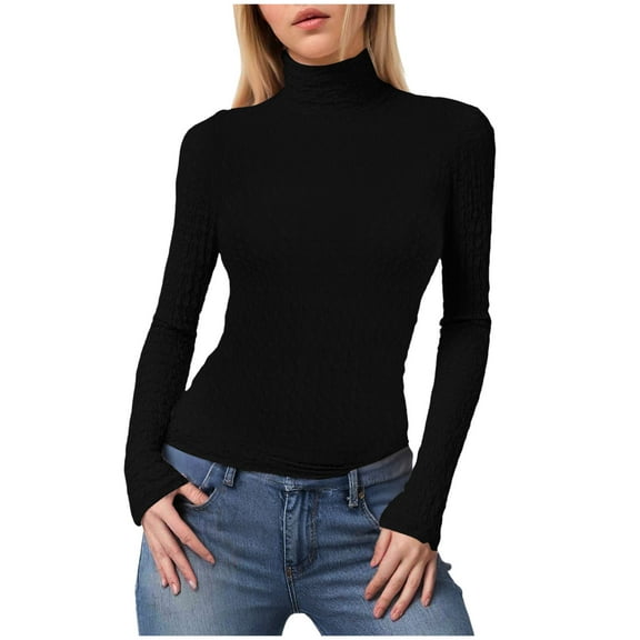 felwors Women's Cream Textured Long Sleeve Turtleneck Top - Fitted Casual Basic Shirt for Daily & Office Wear Black, L