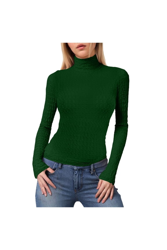 Women's Cream Textured Long Sleeve Turtleneck Top - Fitted Casual Basic Shirt for Daily & Office Wear Dark Green, XL