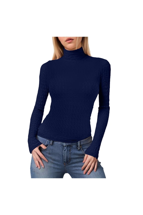 Women's Cream Textured Long Sleeve Turtleneck Top - Fitted Casual Basic Shirt for Daily & Office Wear Navy, XL