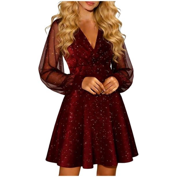 wine bodycon mini dress Felwors Women's Crew Neck Sheer Mesh Long Sleeve Sparkle Glam Party Dress (Wine, XL), Red style_plus size Select Color:Red Ondine Mini Dress - Homecoming dress Glamorous V