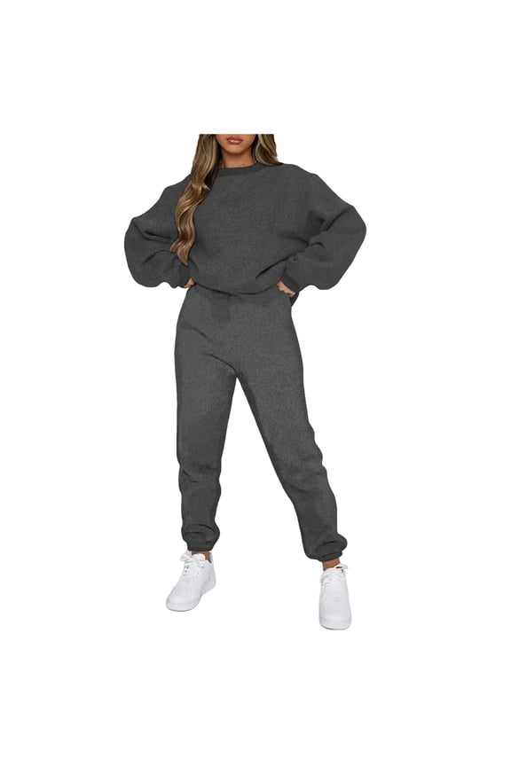 felwors Women's Crew Neck Sweatshirt and Jogger Pants 2-Piece Tracksuit Set for Casual & Active Wear Dark Gray, M