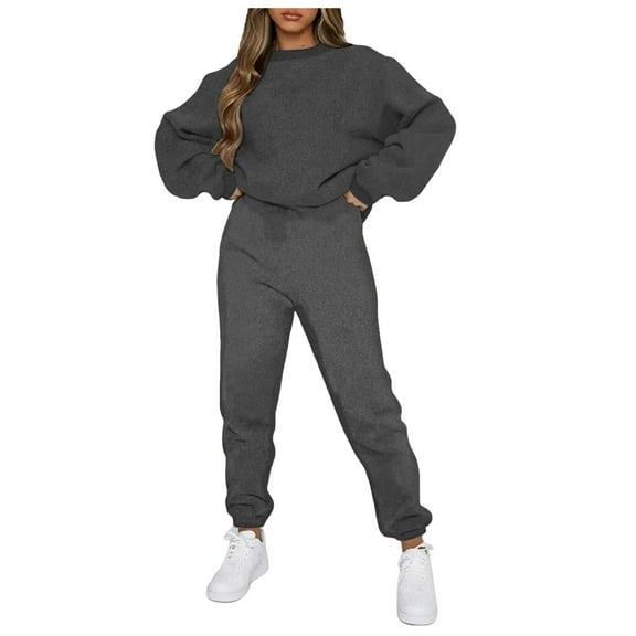 felwors Women's Crew Neck Sweatshirt and Jogger Pants 2-Piece Tracksuit Set for Casual & Active Wear Dark Gray, S