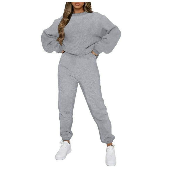 felwors Women's Crew Neck Sweatshirt and Jogger Pants 2-Piece Tracksuit Set for Casual & Active Wear Light Gray, L