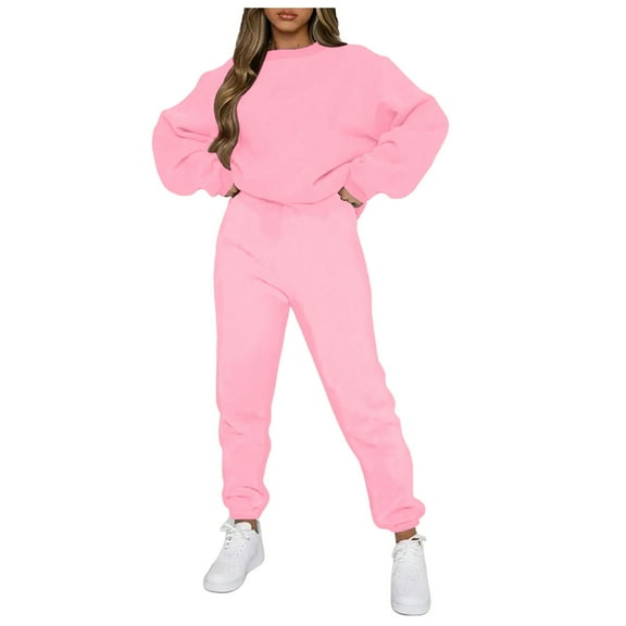 felwors Women's Crew Neck Sweatshirt and Jogger Pants 2-Piece Tracksuit Set for Casual & Active Wear Pink, L
