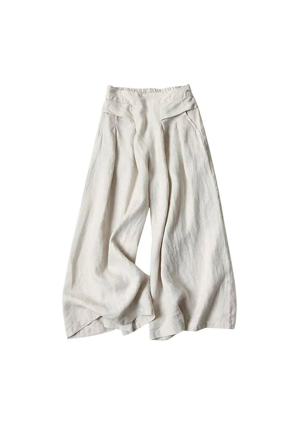 Women' s Culottes Linen Blend Wide Leg Pants Elastic Waist Casual Palazzo Trousers with Pockets Capris Beige, S