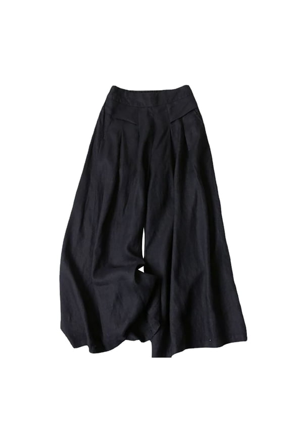 Women' s Culottes Linen Blend Wide Leg Pants Elastic Waist Casual Palazzo Trousers with Pockets Capris Black, L