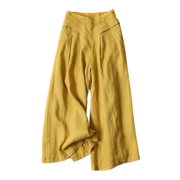 felwors Women' s Culottes Linen Blend Wide Leg Pants Elastic Waist Casual Palazzo Trousers with Pockets Capris Yellow, S