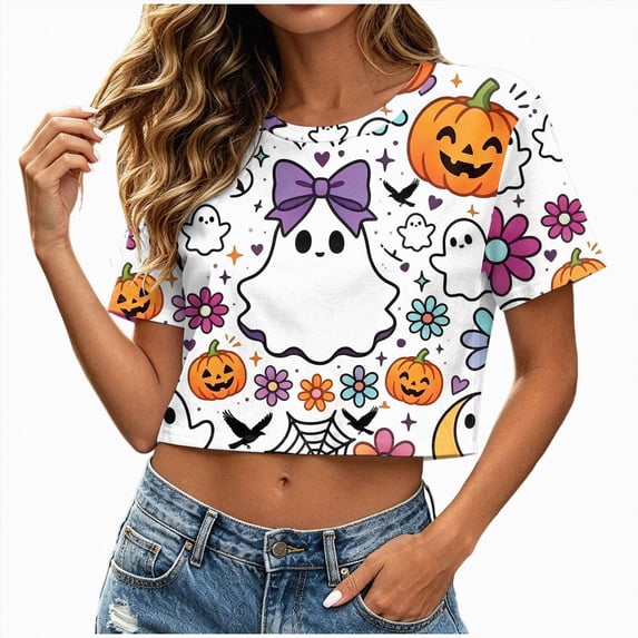 felwors Women's Distressed Crop Tee Halloween Ghost Pumpkin Fall Top | Soft Stretch Cotton Blend Crop Tee Trendy Cropped Fit, Wear for Halloween Gatherings and Fall Events (White, 3XL)