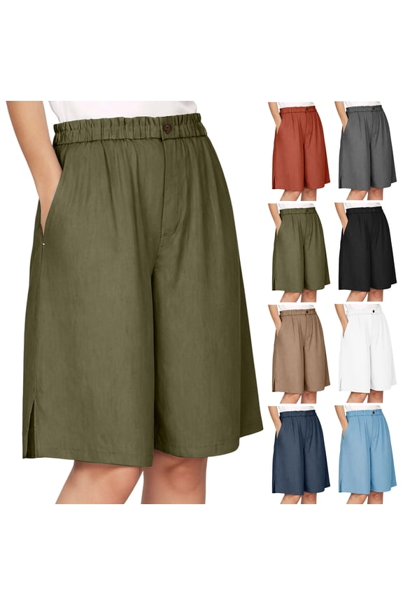Women's Elastic Waist Button Fly Wide Leg Shorts Linen Blend Side Slit Summer Casual Culottes (Green, L)