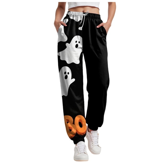 felwors Women's Elastic Waist Halloween Sweatpants Relaxed Fit Tapered Joggers Pocket Lounge Wear 2025 Orange, M