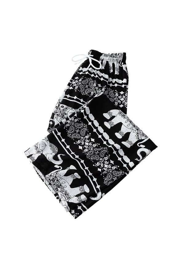 Women's Elephant Hippie Boho Yoga Pants Wide Leg Pajamas Pants Drawstring Workout Joggers Casual High Wasited Pants White, A