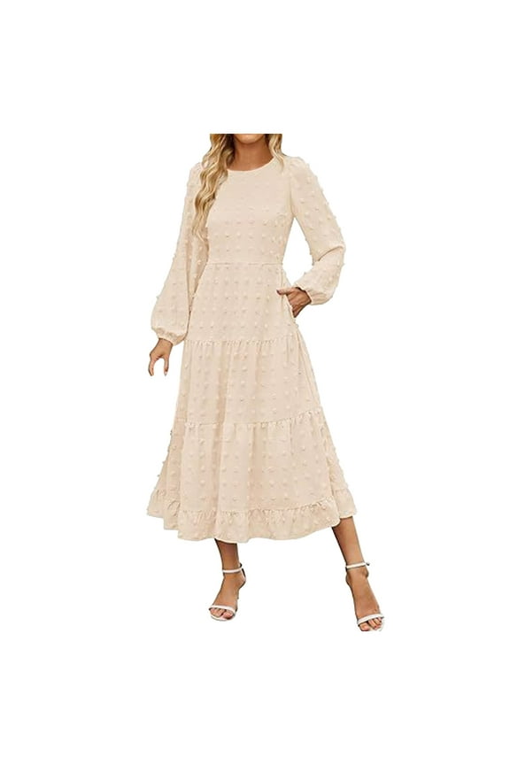 Women's Fall Long Sleeve Maxi Dresses 2025 Crew Neck Swiss Dot Tiered Flowy A Line Casual Boho Party Dress Beige, XL