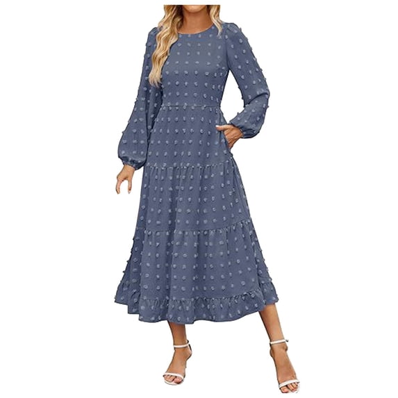 felwors Women's Fall Long Sleeve Maxi Dresses 2025 Crew Neck Swiss Dot Tiered Flowy A Line Casual Boho Party Dress Blue, L