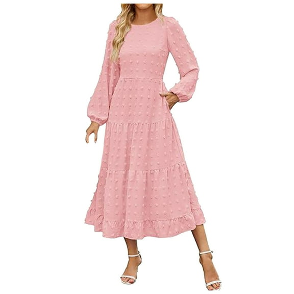 felwors Women's Fall Long Sleeve Maxi Dresses 2025 Crew Neck Swiss Dot Tiered Flowy A Line Casual Boho Party Dress Pink, M