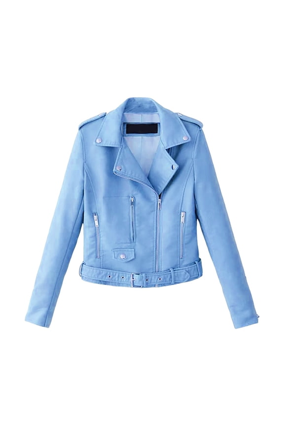 Women's Faux Leather Motorcycle Jacket - Zip-Front Casual Outerwear Blue, XXL