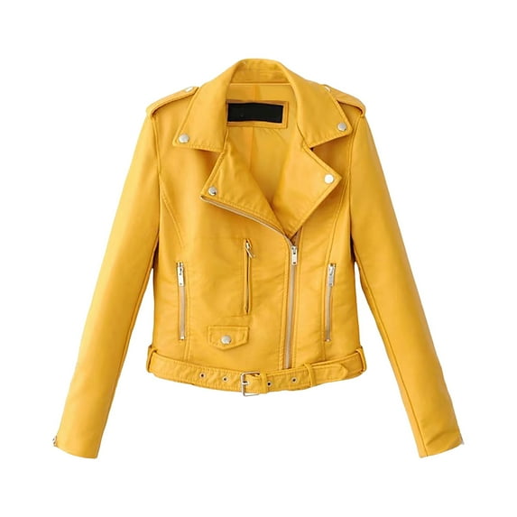 felwors Women's Faux Leather Motorcycle Jacket - Zip-Front Casual Outerwear Yellow, L