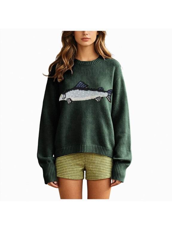 Women's Fish Graphic Oversized Sweater Crewneck Knit Pullover Y2K Top, Sardine Embroidered Long Sleeve Sweater Casual Vintage Cute Animal Graphic, 2026 Fall Winter Spring Fashion (Green, S)