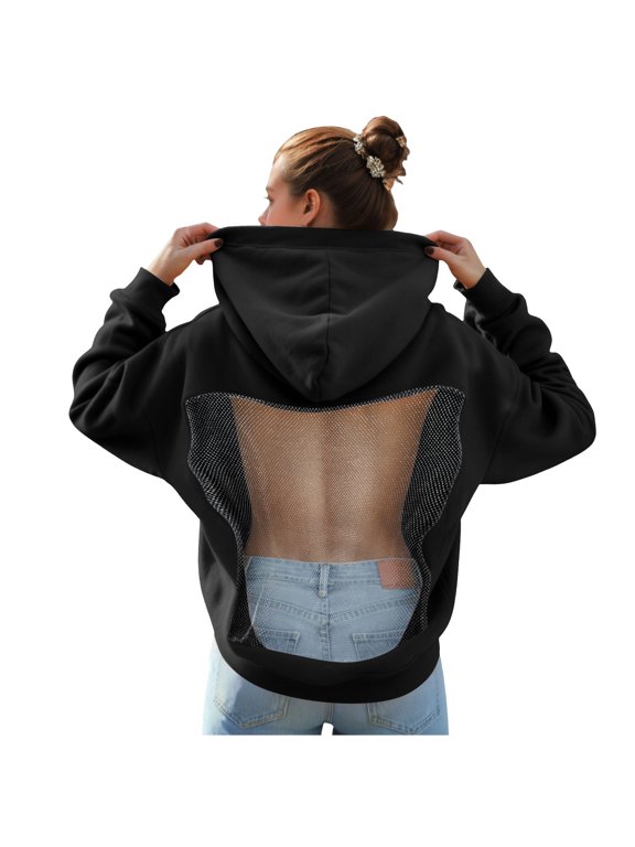 Women's Fishnet Mesh Backless Oversized Pullover Hoodie Casual Sweatshirt with Pocket Black for Size L