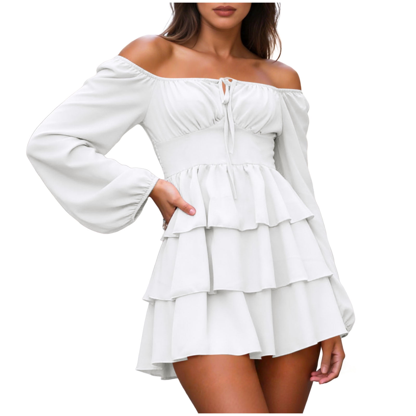 felwors Women's Fitted Waist Off the Shoulder Mini Dress Puff Sleeve ...