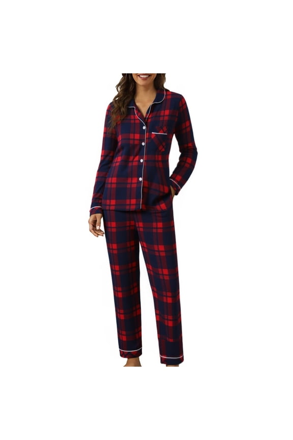 Women's Flannel Plaid Pajamas Long Sleeve Button Down Pj Set Red, XL