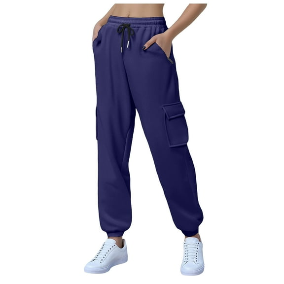 felwors Women's Fleece Cargo Sweatpants Y2k Comfy Casual Baggy Sweat Pants Warm High Waist Workout Jogger Pants with Pockets Navy, XXL