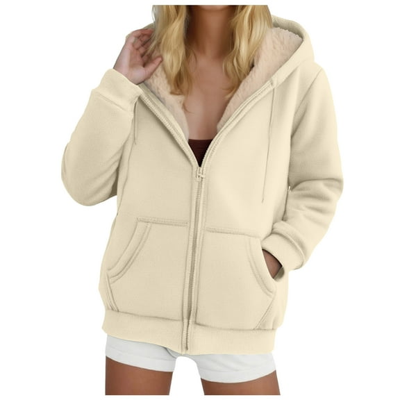 felwors Women's Fleece Lined Full-Zip Hooded Jacket with Pockets - Warm Casual Outwear for Daily Wear Beige, L